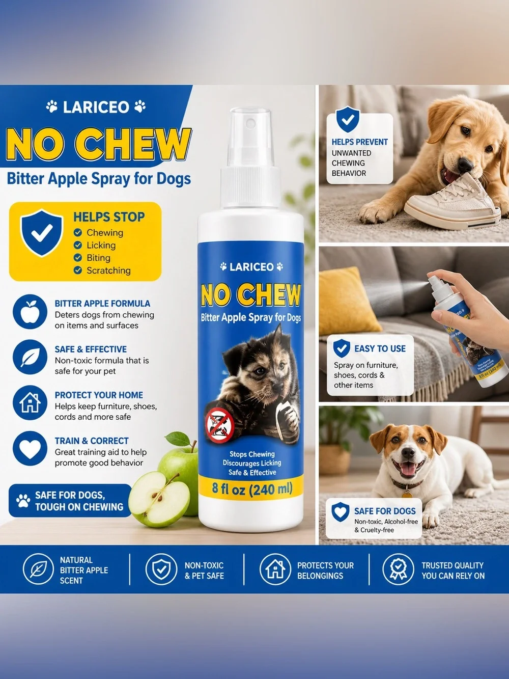 Lariceo No Chew Bitter Apple Spray Dogs Training Anti Chew Deterrent 8oz Organic